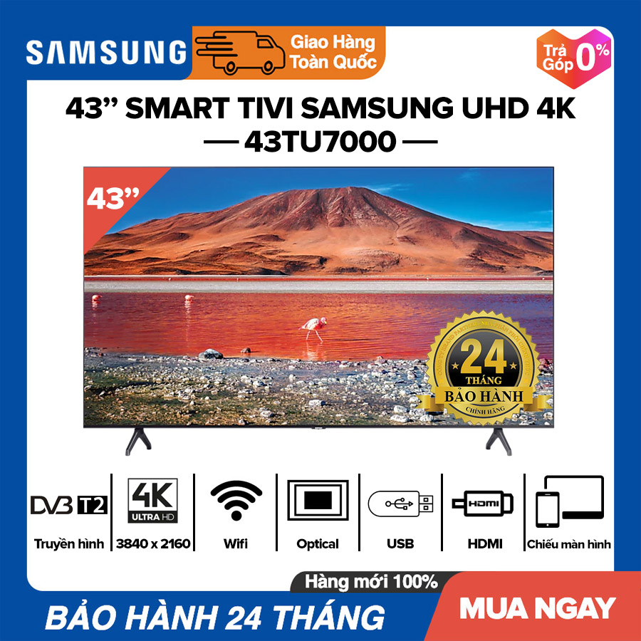 [TRẢ GÓP 0%] Smart Tivi Samsung 43 inch UHD 4K - Model 43TU7000 Chiếu màn hình điện thoại, DVB-T2, Wifi, Netflix, FPT Play, Clip TV, Bluetooth, Tivi Giá Rẻ - Bảo Hành 2 Năm