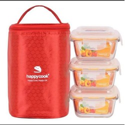 Bộ 3 hộp thủy tinh HAPPY COOK vuông 320ml kèm túi giữ nhiệt - happycook320