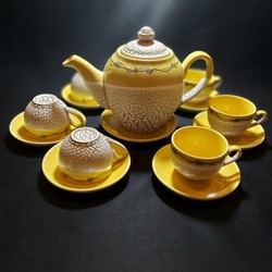 Bộ ấm chén uống trà cao cấp Bát Tràng mẫu TRÒN – Bộ ấm chén trà hoa văn nổi sần kiểu ĐẤT NẺ cực đẹp – 1 ấm, 6 ly, 7 dĩa – Màu Vàng Gold - TPBT-DN-GRO-YELLOW-6-1