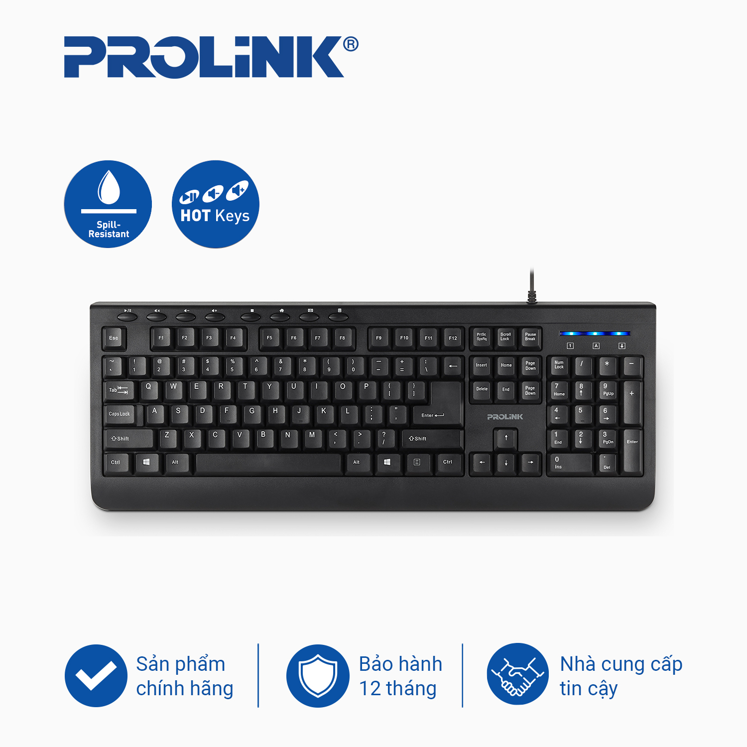 Bàn phím máy tính có dây PROLiNK PKCM-2006 BLK với 8 phím media tiện dụng, kết nối USB hỗ trợ hệ điều hành Windows 8/10, Linux, Mac OS
