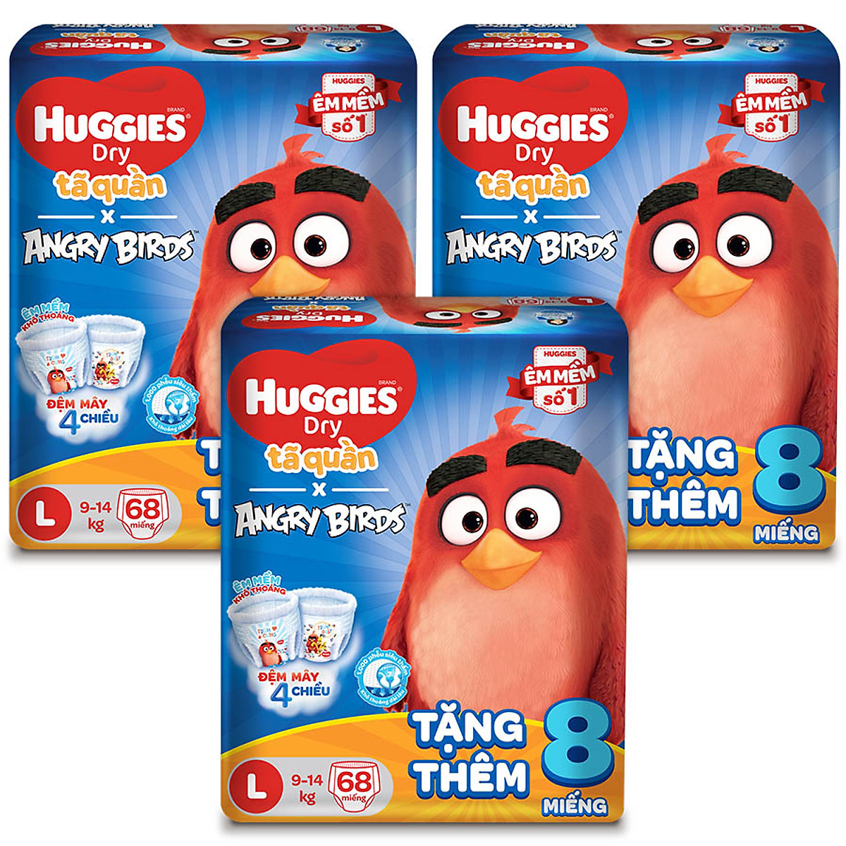 Combo 3 Gói Tã Quần Huggies Dry Gói Cực Đại Angry Birds phiên bản giới hạn L68 (68 Miếng) - Tặng 8 miếng
