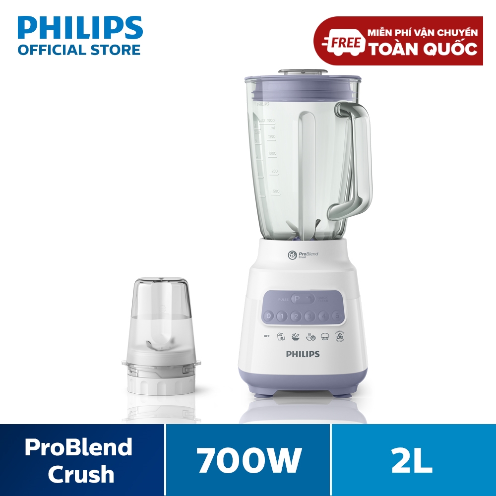 Máy xay sinh tố Philips HR2222/00 (Trắng) -Bộ 2 cối - 5 tốc độ cài đặt sẵn - Nghiền mịn đá, nhanh gấp 2 lần - Hàng phân phối chính hãng
