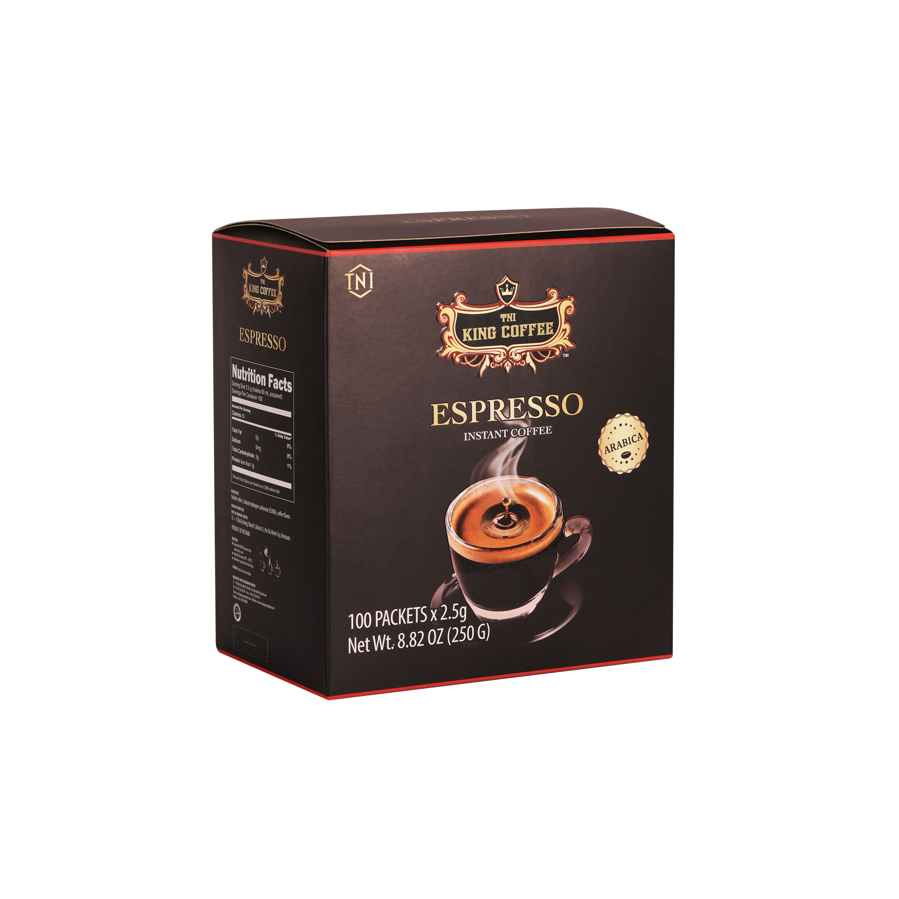 Cà Phê Đen Hòa Tan Espresso KING COFFEE - Hộp 100 gói x 2.5g - Arabica café hòa tan đậm hương vị cà phê Ý