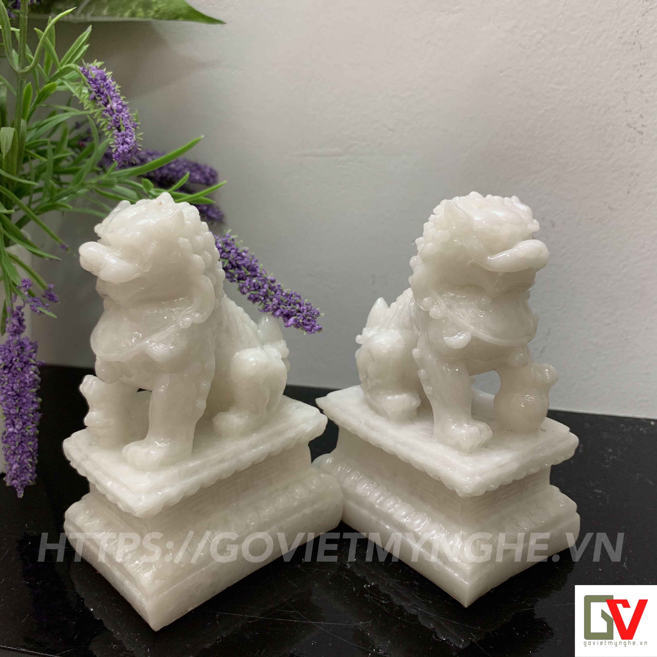 Cặp 2 tượng kỳ lân trang trí phong thủy - Cao 12cm - Màu trắng đá non nước