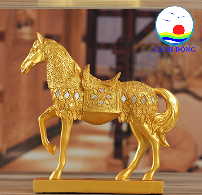 Tượng ngựa phong thủy mã đáo thành công sang trọng cao 27 cm khảm đá mạ lớp vàng 14k