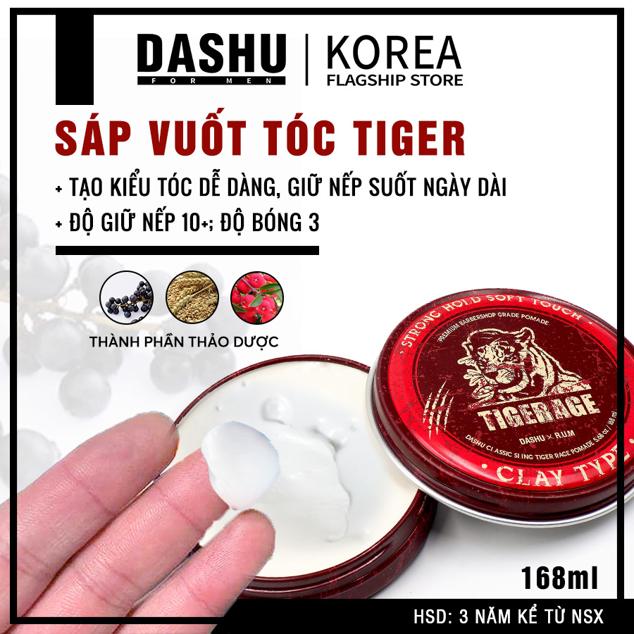 Clay Pomade vuốt tóc nam tạo kiểu Hàn Quốc Dashu Classic Tiger Rage Pomade Clay Type 168ml(size lớn, độ bóng nhẹ 3, độ giữ nếp lâu 9) hương nước hoa mùi gỗ nam tính, thành phần thảo dược dưỡng tóc, bảo vệ da đầu.