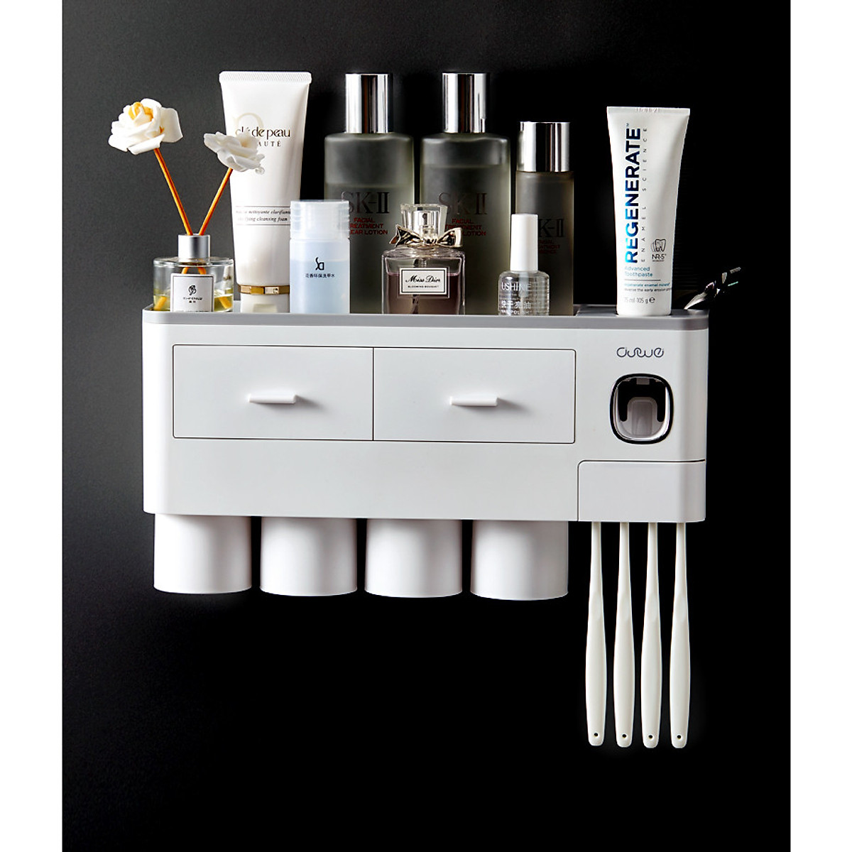 Hộp đựng bàn chải kem đánh răng nhà tắm tặng kèm 4 cốc-Kệ để đồ vệ sinh răng miệng dán tường (màu ngẫu nhiên)