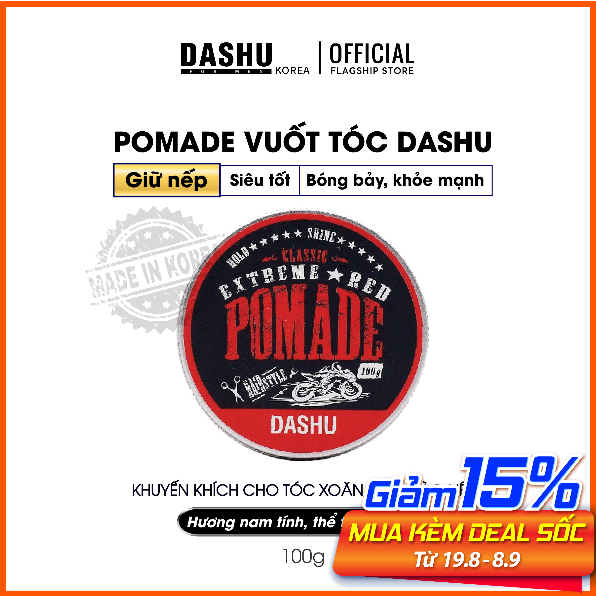 Pomade tạo kiểu tóc nam Hàn Quốc Dashu Dash Classic Renewal Extreme Red Pomade 100g, thành phần 90% thảo dược, thiết kế riêng cho người châu á, độ bóng 4, giữ nếp 10, hương nước hoa 3 tầng mùi cổ điển.