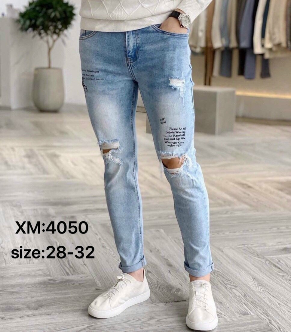 Quần jean nam màu xanh rách in chữ kiểu cách co giãn vải dày chất lượng như hình chuẩn đẹp
