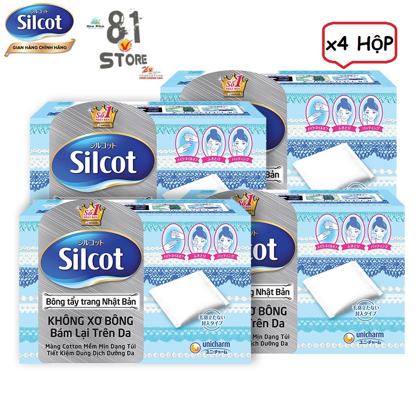 COMBO 4 Hộp Bông tẩy trang Silcot cotton mềm mịn không xơ - An toàn cho da (82 miếng/hộp)
