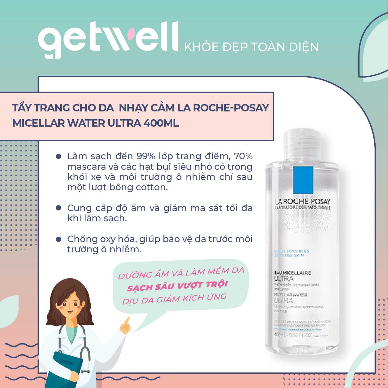 [HCM]TRẮNG | Nước làm sạch sâu và tẩy trang cho da nhạy cảm La Roche-Posay Micellar Water Ultra Sensitive Skin 400ML