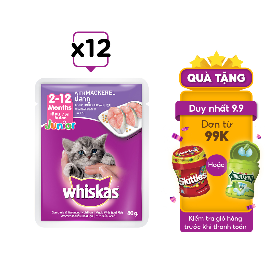 Bộ 12 túi thức ăn mèo con Whiskas vị cá thu túi 80g/túi