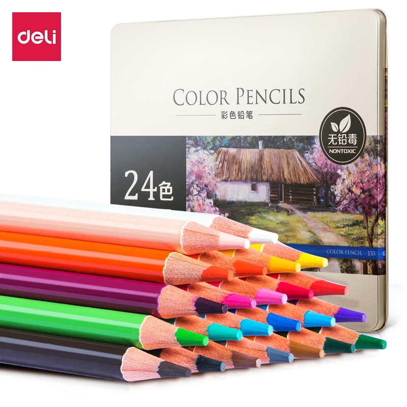Bút chì màu gốc dầu hộp thiếc cao cấp Deli - 24/36/48/72 màu - màu chì khô, tươi sáng, có thể chồng màu- 6565 / 6566 / 6567 / 6568