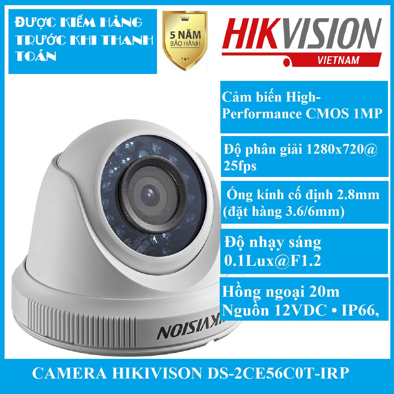 Camera HD-TVI bán cầu ngoài trời hồng ngoại 20m 1 MP Hikvision DS-2CE56C0T-IRP