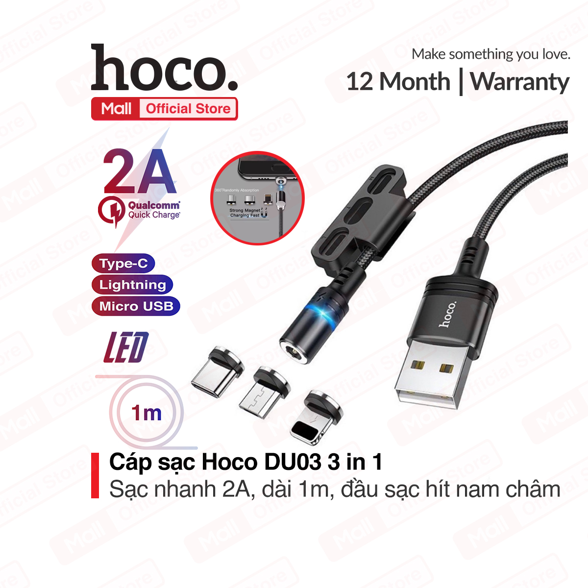 Cáp sạc Hoco DU03 3 in 1 ( Lightning/Micro/Type-c ) sạc nhanh 2A dài 1m đầu sạc từ tính dễ dàng sử dụng