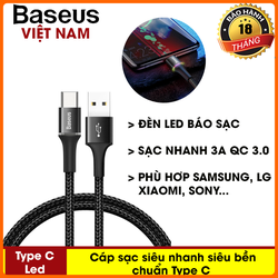 Cáp sạc nhanh 3A Baseus Halo Data Cable USB to Type-C có đèn LED cho Samsung Xiaomi Redmi Note 10 - Thương hiệu Baseus - Phân phối bởi TopLink - SKU216-dhb