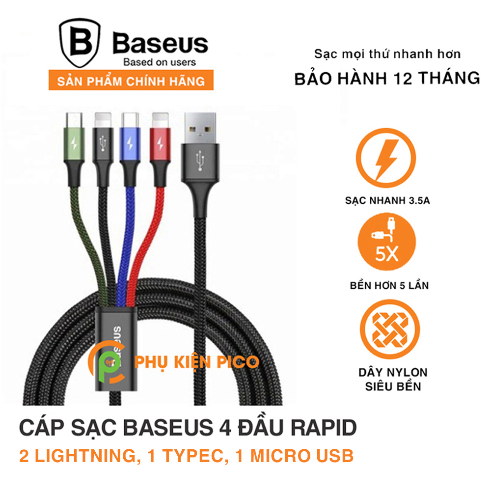 Dây cáp sạc đa năng Baseus Rapid 4 in 1 Type-C, 2 Lightning, Micro USB, cho iPhone/ iPad, Smartphone & Tablet Android (3.5A, 1.2M, Fast charge 4 in 1 Cable)