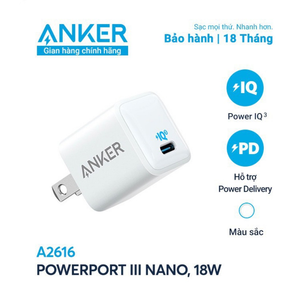 [HCM]Sạc ANKER PowerPort III Nano 18W 1 cổng USB-C PiQ 3.0 tương thích PD - A2616