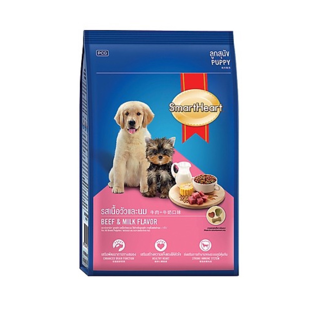 [HCM]Thức Ăn Hạt Khô Cho Chó Con Smartheart Puppy Vị Bò Và Sữa Túi 1.5Kg