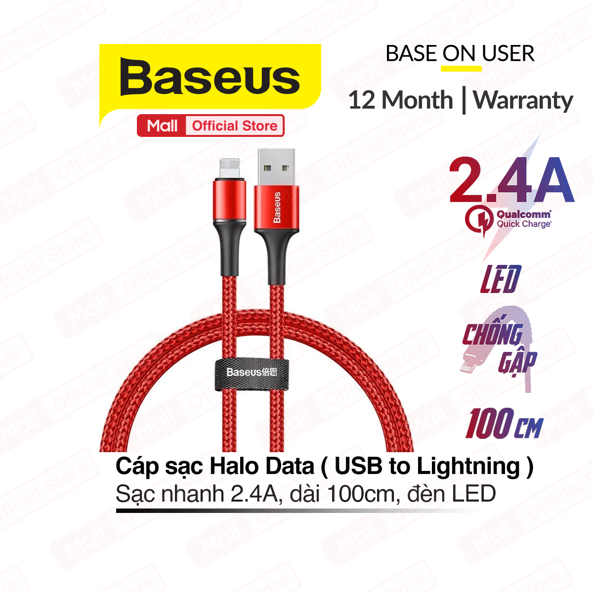 [ Mã giảm giá 60k cho đơn hàng từ 400k ] Cáp sạc Baseus Halo Data USB to Lightning dành cho iPhone/iPad (2.4A Fast Charge LED Light indicator) dài 1m