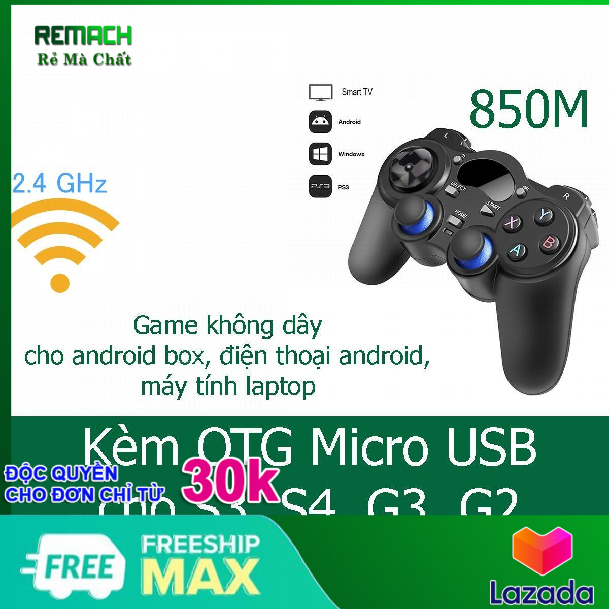 Tay cầm chơi game không dây 2.4Ghz 850M PC /PS3 / Xbox360 /Android TV /smartphone Remach-Rẻ Mà Chất