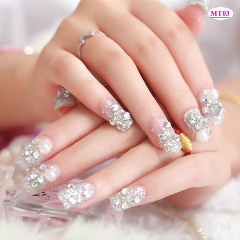 [HCM]Bộ 24 Móng Tay Giả Đính Đá - mẫu móng tay cô dâu siêu hot - móng tay giả nail thiết kế đẹp sang chảnh