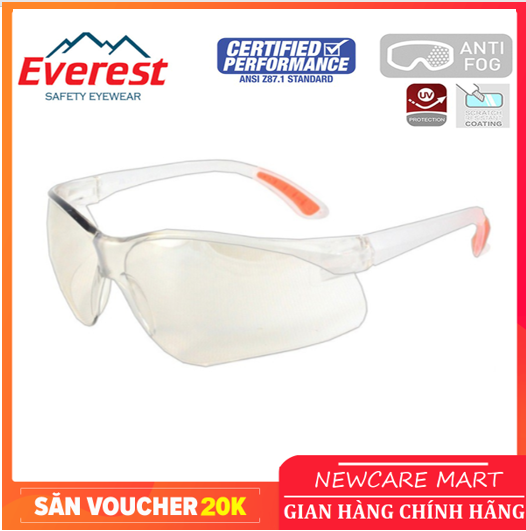 Kính bảo hộ Everest EV203 Tráng bạc, chống đọng sương, chống bụi, tia UV hóa chất bắn vào mắt