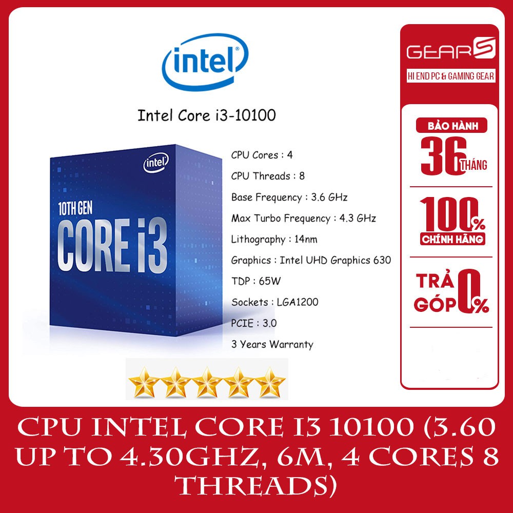 Cpu Intel Core I3 10100 (3.60 Up To 4.30Ghz 6M 4 Cores 8 Threads) - Tray new không Fan BH 36 Tháng