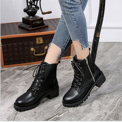 Giày boot nữ đế vuông cá tính cao 5cm khóa kéo kết hợp cột dây cá tính B145 - B145