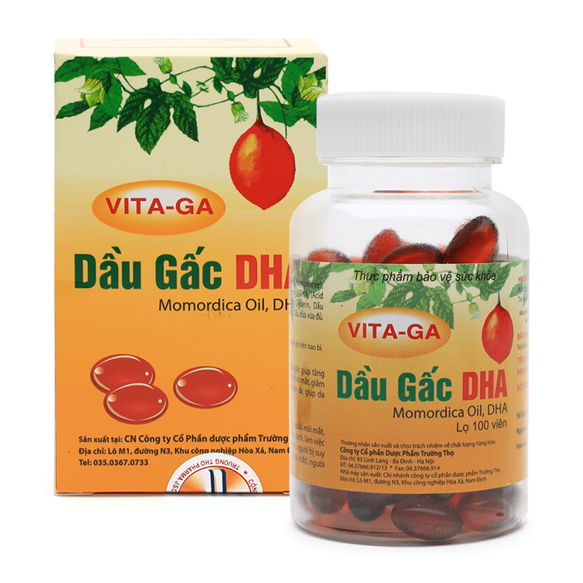 Viên uống bổ mắt dầu gấc VITAGA - DHA ( Trường Thọ) bổ sung tinh chất gấc, vitamin E và DHA cho da sáng, trí nhớ tốt, nâng cao sức đề kháng, tăng hệ miễn dịch -Hộp 100 viên