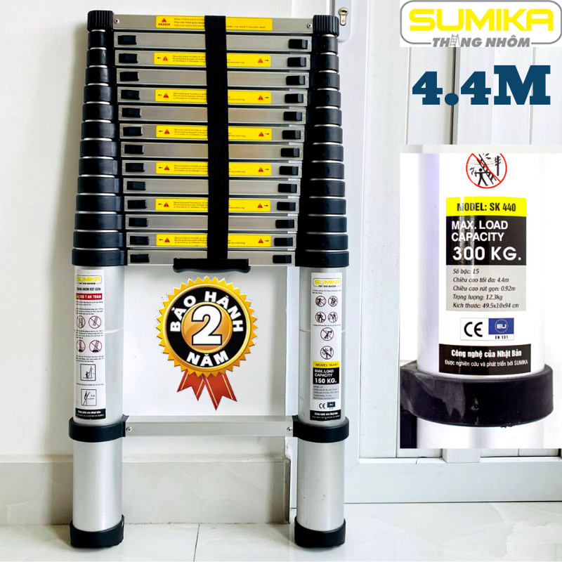 Thang nhôm rút đơn 4,4m Sumika SK440 SKS440, Chất liệu: Nhôm, được sơn tĩnh điện màu đen và màu vàng. Độ dày nhôm: 1,5 mm Tải trọng 300kg, tiêu chuẩn EN131 Bảo hành: 24 tháng