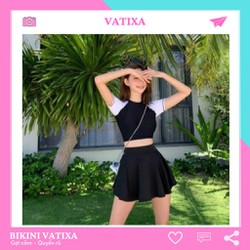 [ HÀNG THIẾT KẾ ] Đồ bơi bikini nữ kín đáo áo croptop đen tay ngắn phối chân váy VATIXA BKN49 - V301
