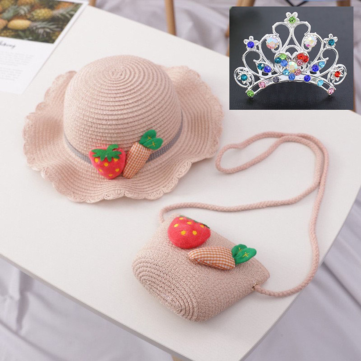 Bộ nón cói và túi đeo chéo hoa cho bé gái, tặng kèm vương miện DTK84778741 - Shop Cokimo - Self-hat and crossover bags for girls, donated crowns