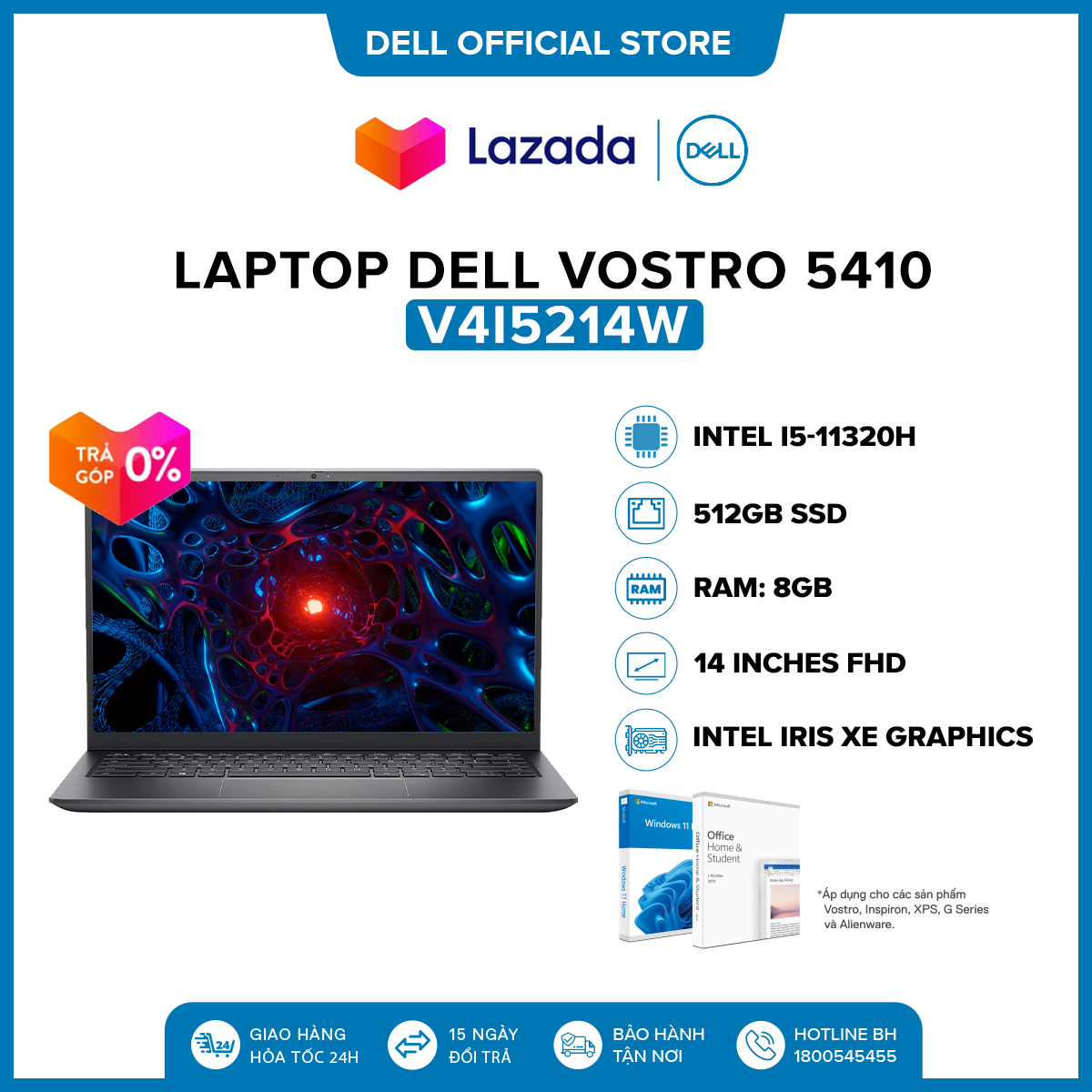 Laptop Dell Vostro 5410 14 inches FHD (Intel / i5-11320H / 8GB / 512GB SSD / Finger Print / Office Home & Student 2019 / Win 10 Home SL) l Gray l V4I5214W