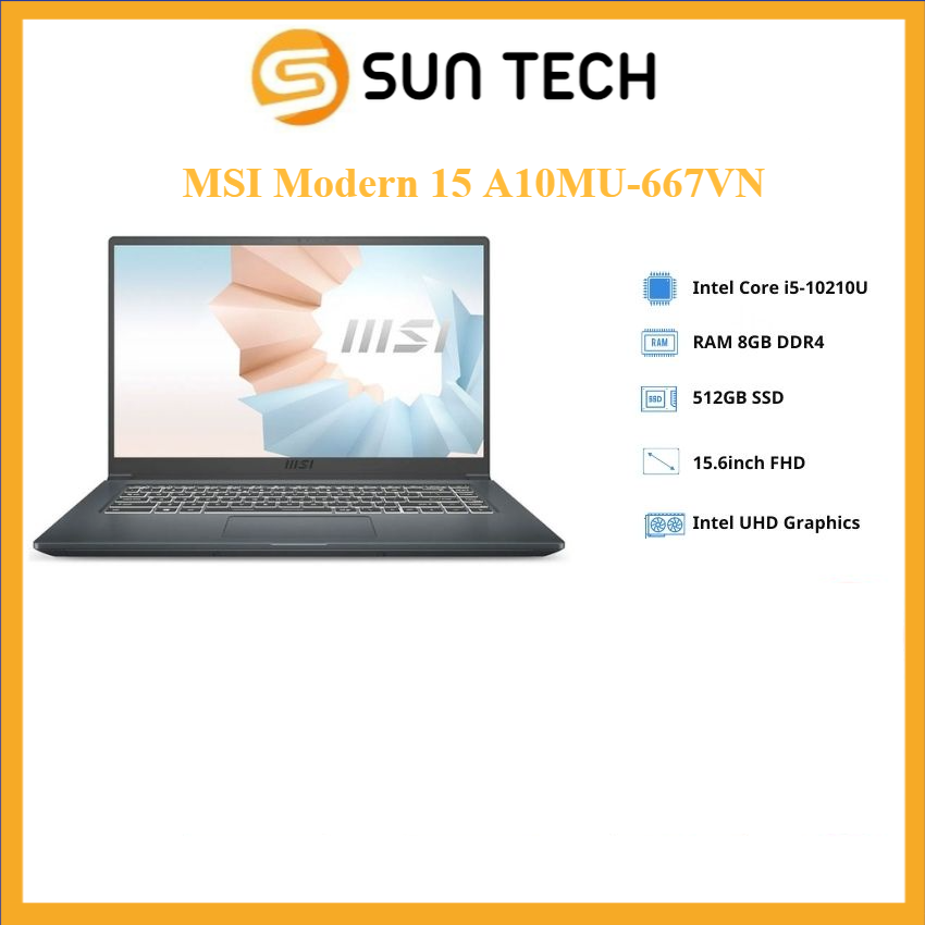 Laptop MSI Modern 15 A10MU-667VN (Core i5-10210U/ 8GB/ 512GB/ Intel UHD/ 15.6 inch FHD/ Win 10/ Xám - Bảo hành 12 tháng