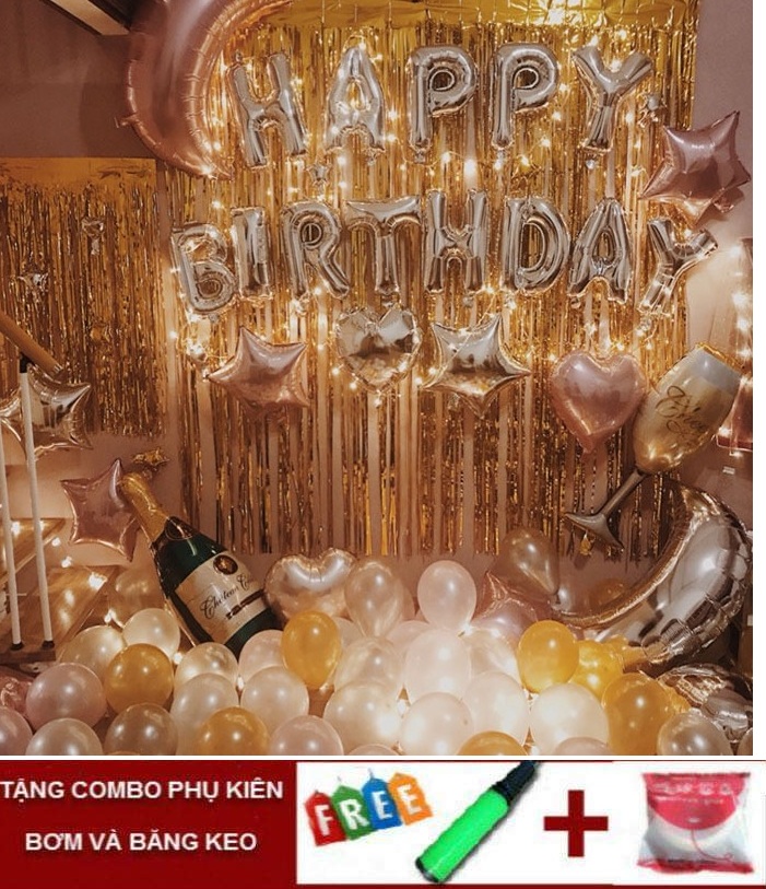Set bóng trang trí sinh nhật Happy birthday tặng kèm bóng nhũ, bóng tim sao, hình ly, chai và rèm kim tuyến