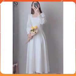 Váy đầm dự tiệc maxi trắng Vintage cổ vuông tay dài chụp kỉ yếu chất cotton Nhật mềm V0080 full size ELLY DRESS - US0031AD