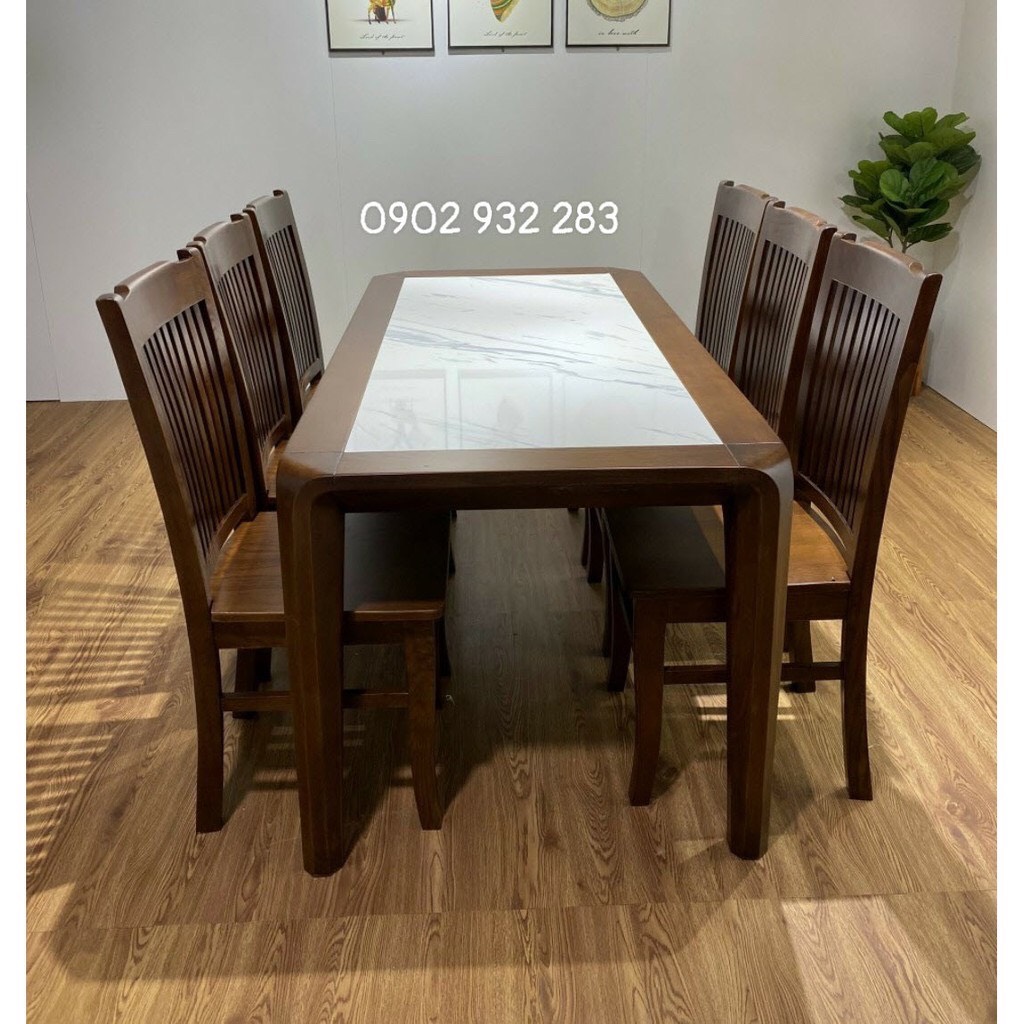 [HCM]Bộ bàn ăn gỗ sồi 6 ghế mặt bàn đá ma 5