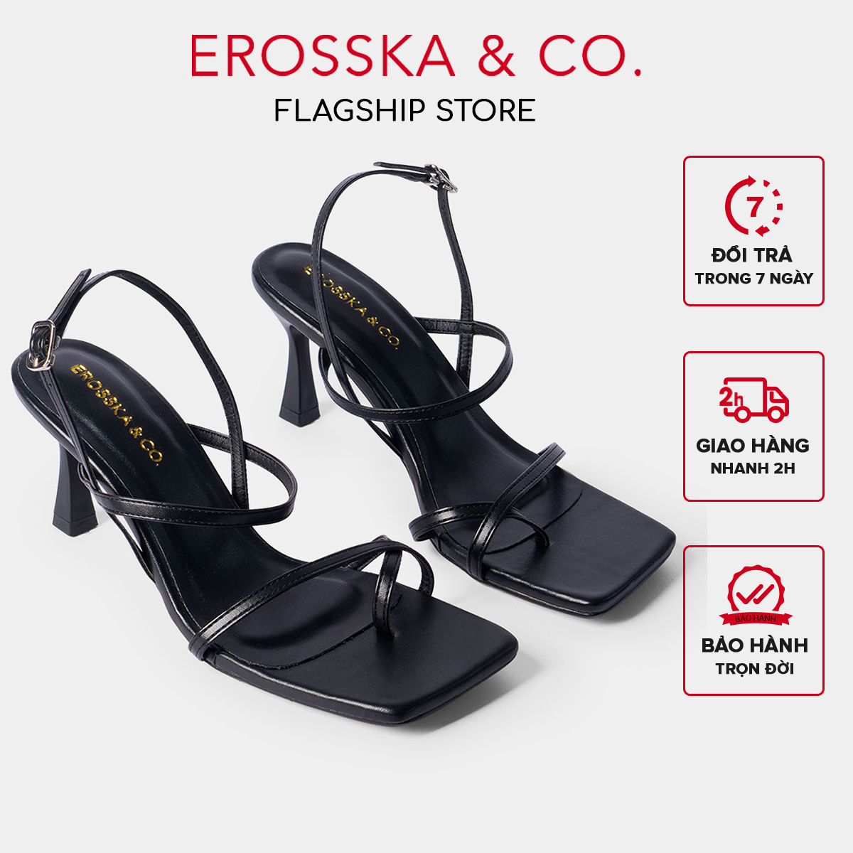Giày cao gót Erosska thời trang phối dây gót nhọn kiểu dáng xỏ ngón cao 7cm màu đen - BM004