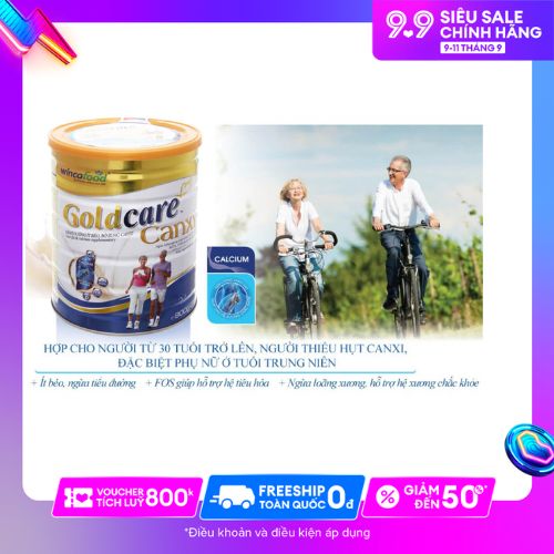 Sữa bột Wincofood GoldCare Canxi lon 900g: dinh dưỡng ít béo ngừa tiểu đường, bổ sung canxi giúp xương chắc khỏe, MUFA, PUFA tốt cho tim mạch, phù hợp cho người từ 30 tuổi trở lên.